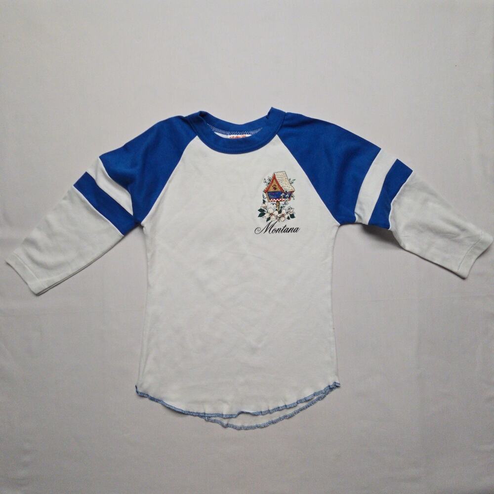Vintage Montana Graphic T Shirt Long Sleeve Womens Blue White S 80s